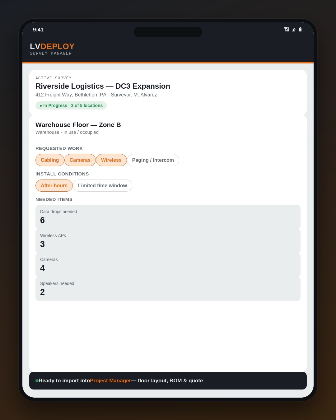 Survey Manager app showing a location card with requested work, install conditions, and device counts for a warehouse floor survey